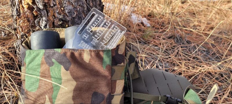 Black HIlls Designs RANGE-R Card fitting in a GP pouch alongside a pair of binoculars